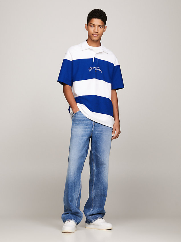white stripe oversized short sleeve rugby shirt for men tommy jeans