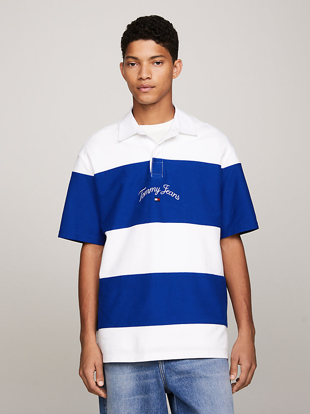 white stripe oversized short sleeve rugby shirt for men tommy jeans