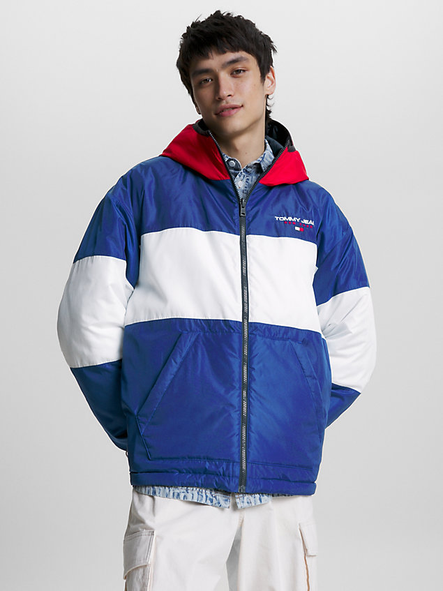 blue reversible quilted colour-blocked jacket for men tommy jeans