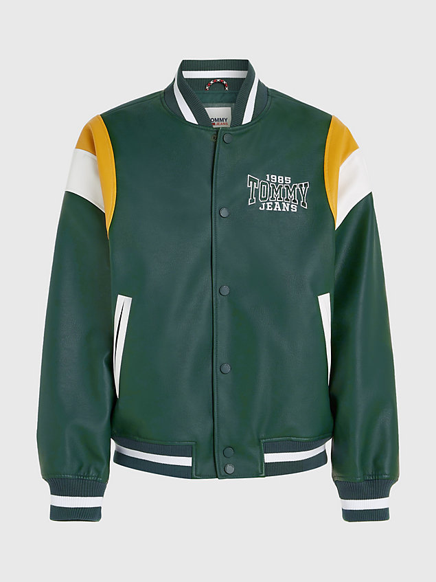 green relaxed colour-blocked back logo padded letterman jacket for men tommy jeans