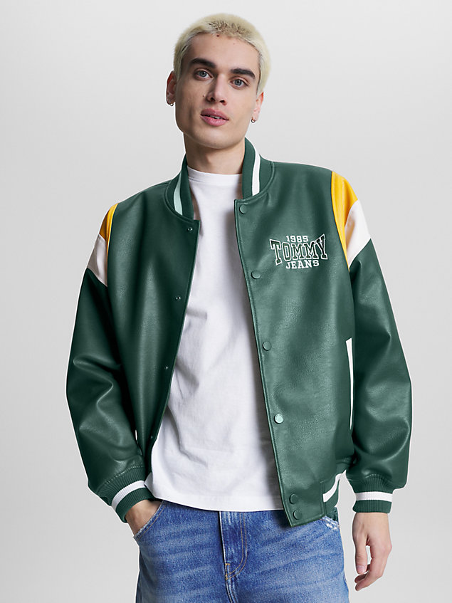 green relaxed colour-blocked back logo padded letterman jacket for men tommy jeans