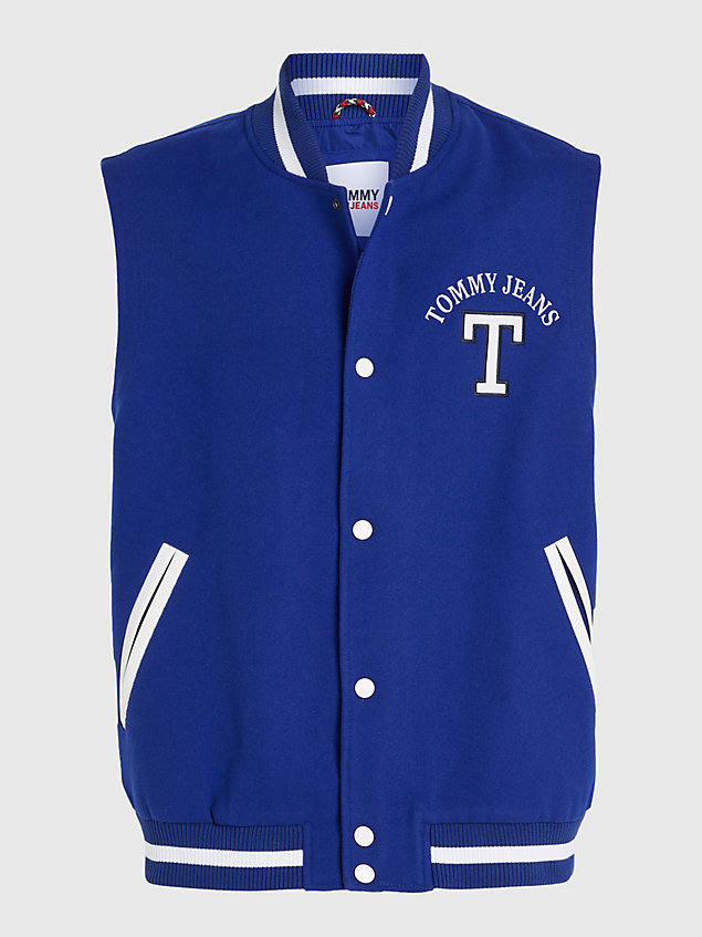 blue college relaxed fit letterman vest for men tommy jeans