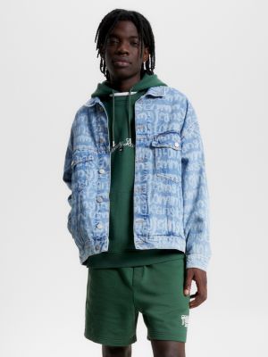 Tommy Jeans flag print oversized denim trucker jacket in mid wash