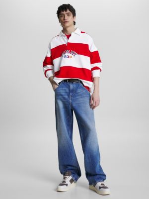 red archive stripe relaxed rugby shirt for men tommy jeans