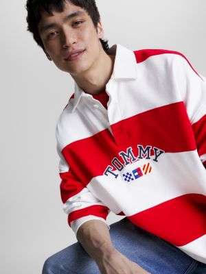red archive stripe relaxed rugby shirt for men tommy jeans