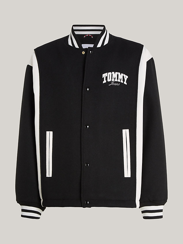 black logo stripe relaxed letterman jacket for men tommy jeans