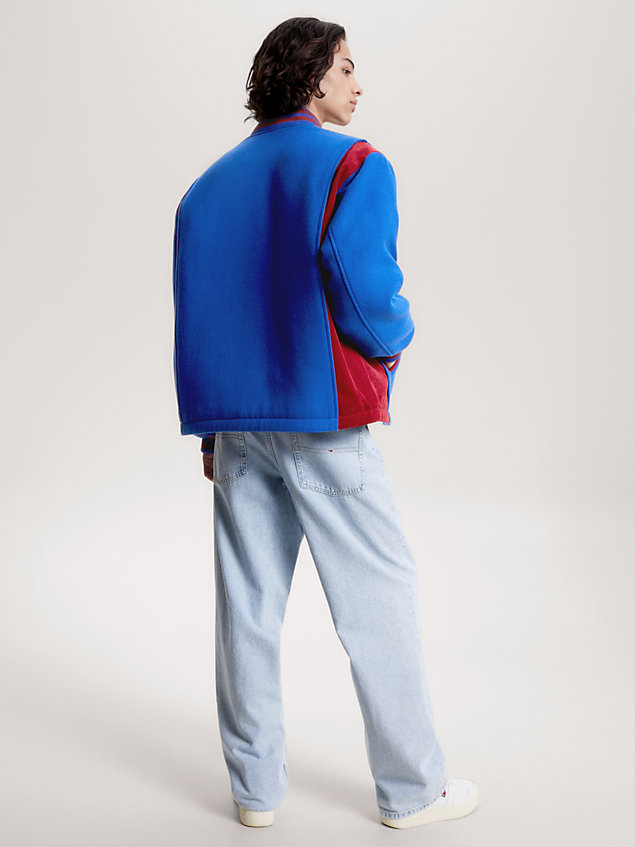 blue logo stripe relaxed letterman jacket for men tommy jeans