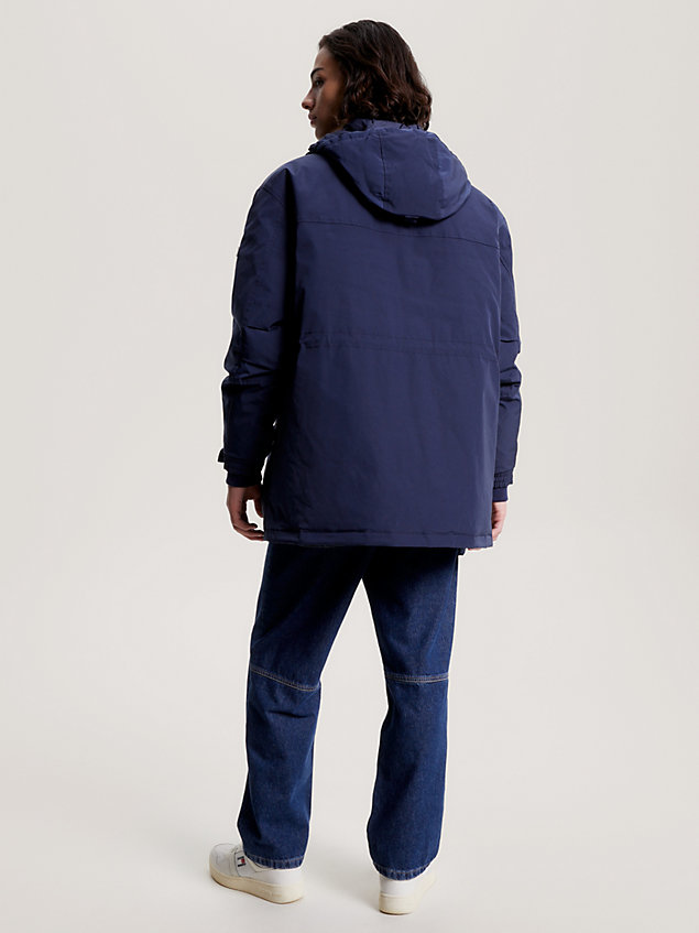 blue hooded padded multi pocket parka for men tommy jeans