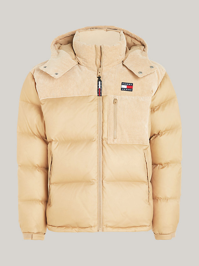 beige cord recycled down alaska puffer for men tommy jeans