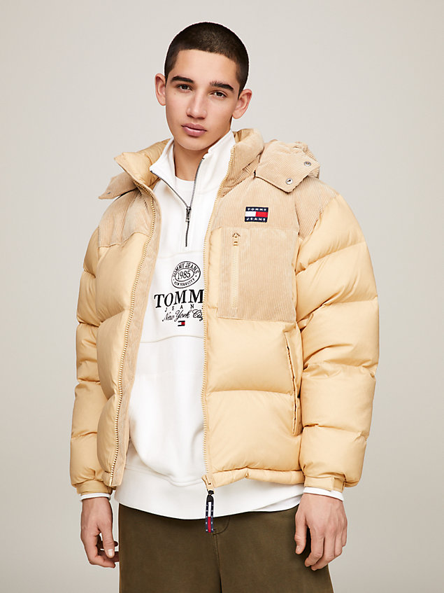 beige cord recycled down alaska puffer for men tommy jeans