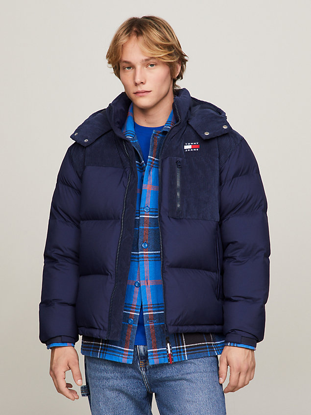 blue cord recycled down alaska puffer for men tommy jeans