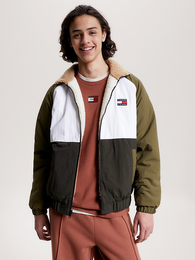 beige reversible colour-blocked relaxed sherpa jacket for men tommy jeans