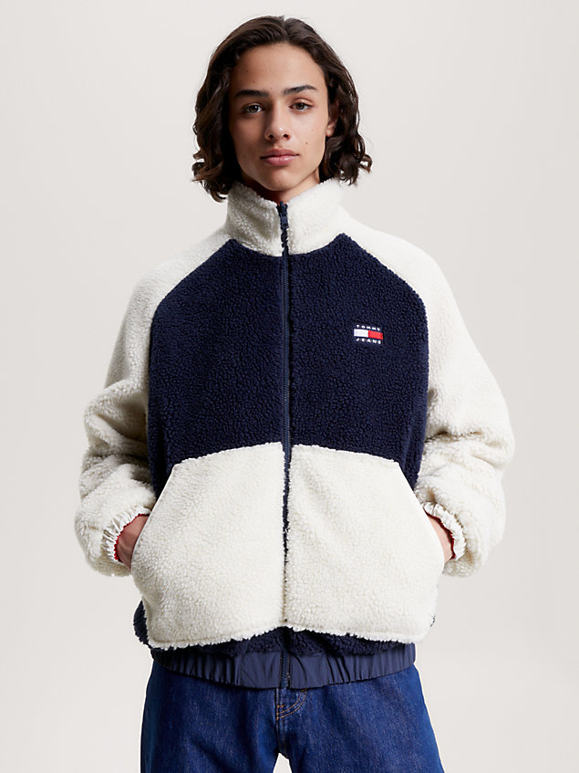 blue reversible colour-blocked relaxed sherpa jacket for men tommy jeans