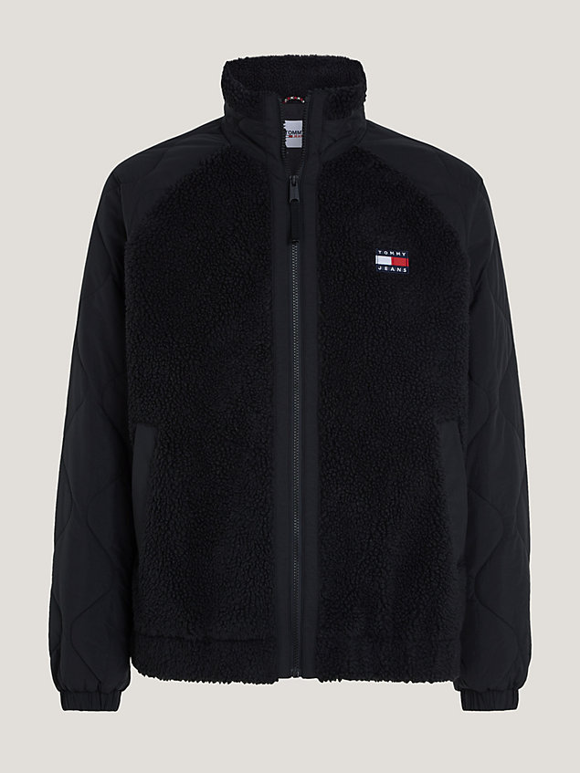 black mixed media relaxed sherpa jacket for men tommy jeans
