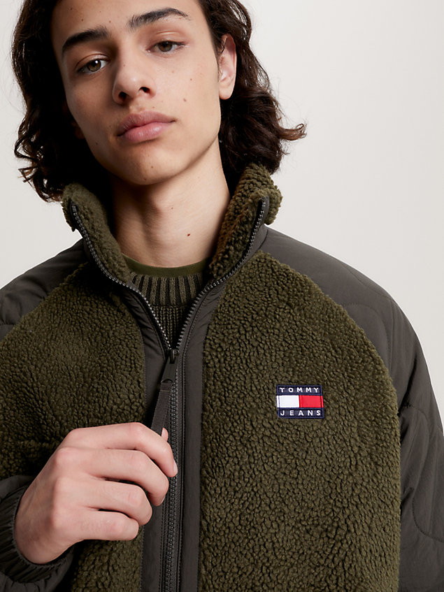 green mixed media relaxed sherpa jacket for men tommy jeans