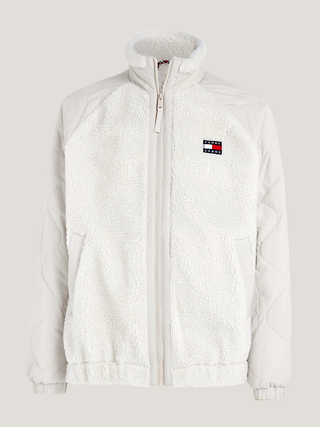 white mixed media relaxed sherpa jacket for men tommy jeans