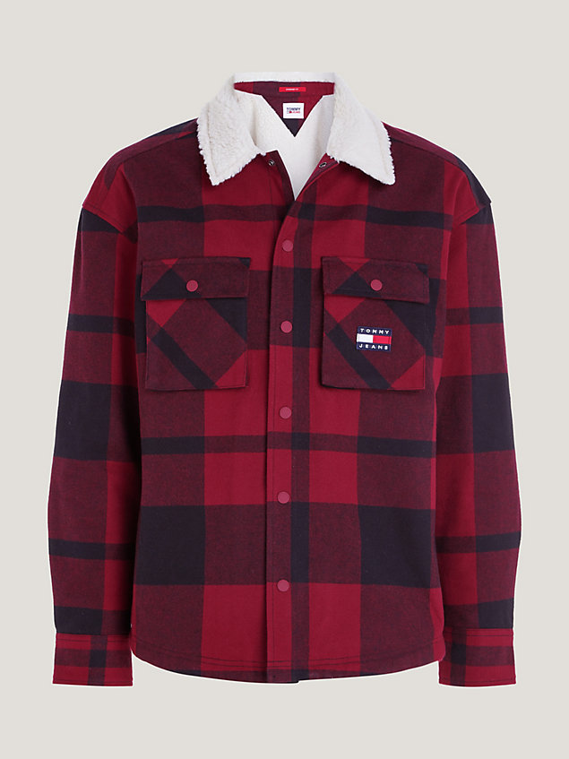 red sherpa lined casual fit check overshirt for men tommy jeans