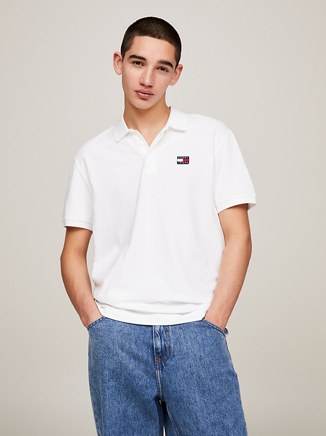 white classic fit badge sueded pique polo for men tommy jeans