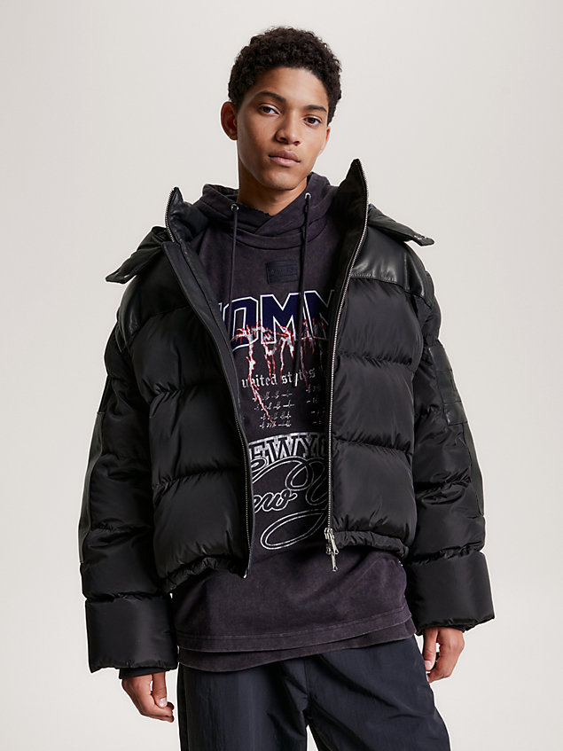 black hooded alaska puffer jacket for men tommy jeans