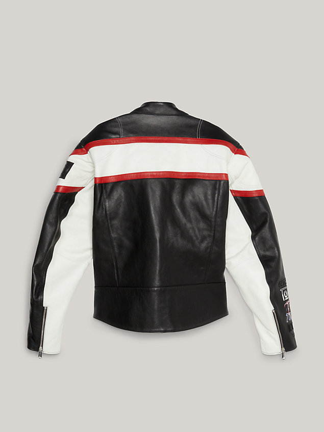 giacca biker color block in pelle black da uomo tommy jeans