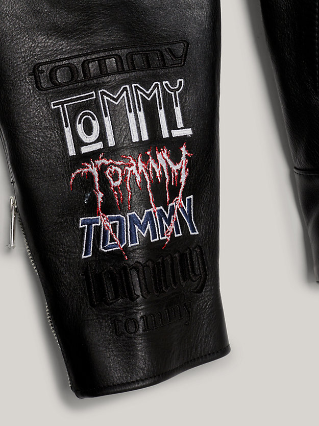 giacca biker color block in pelle nero da uomo tommy jeans