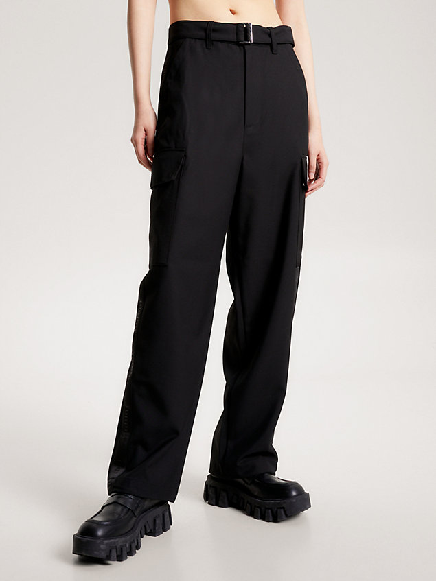 black wide leg belted cargo trousers for men tommy jeans