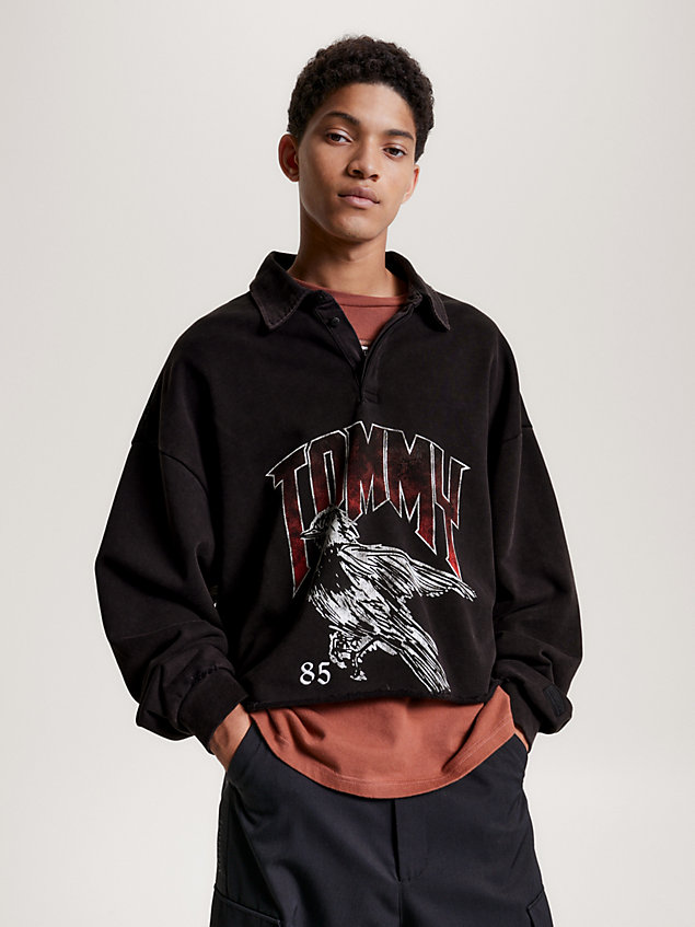 black graphic cropped rugby shirt for men tommy jeans
