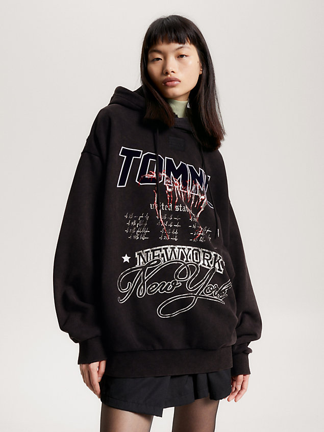 black graphic logo drawstring hoody for men tommy jeans