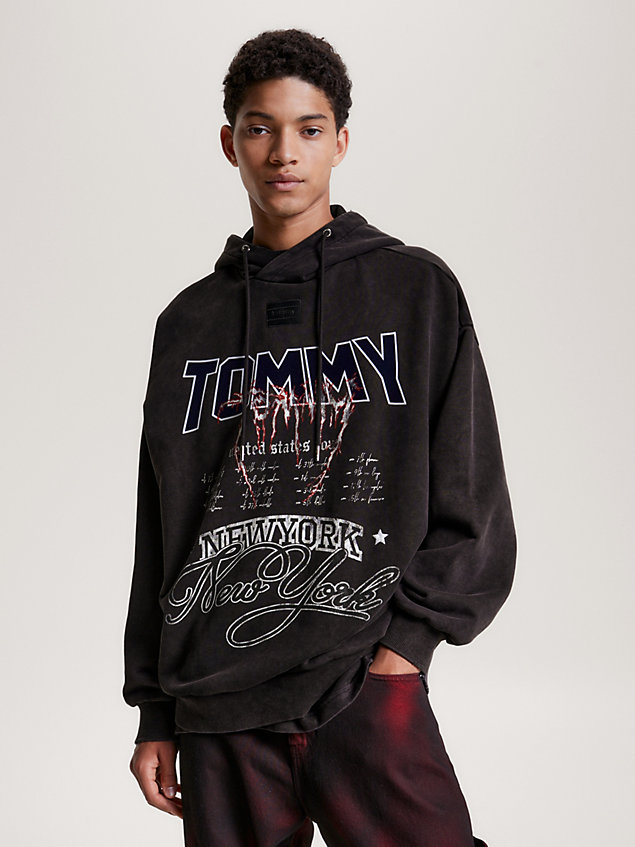 black graphic logo drawstring hoody for men tommy jeans