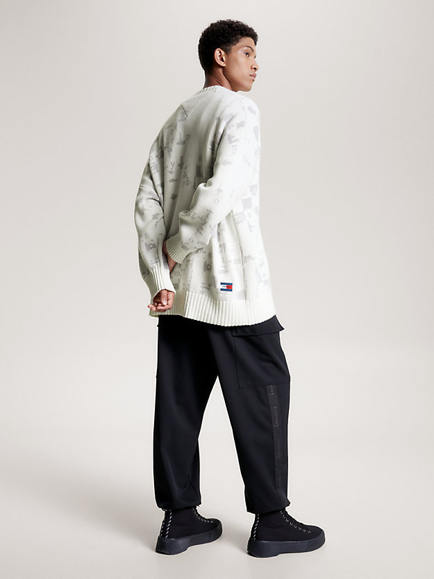 white intarsia logo v-neck oversized jumper for men tommy jeans