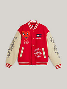 red tommy x keith haring dual gender varsity jacket for men tommy jeans
