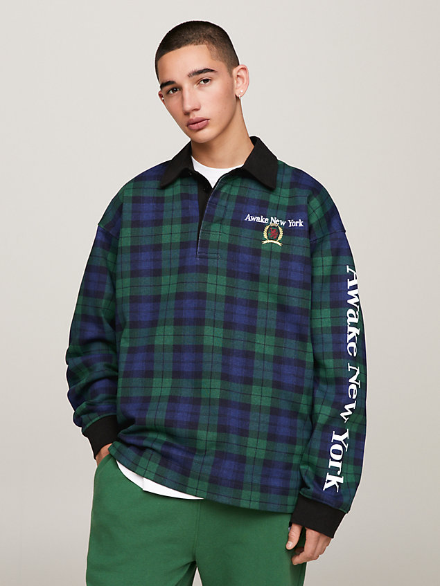 polo de rugby tommy x awake ny en tartan blue pour hommes tommy jeans