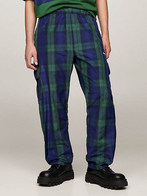blue tommy x awake ny tartan check cargo trousers for men tommy jeans