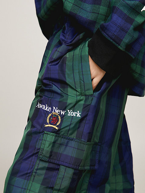 blue tommy x awake ny tartan check cargo trousers for men tommy jeans