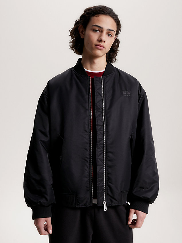black padded tonal appliqué oversized bomber jacket for men tommy jeans