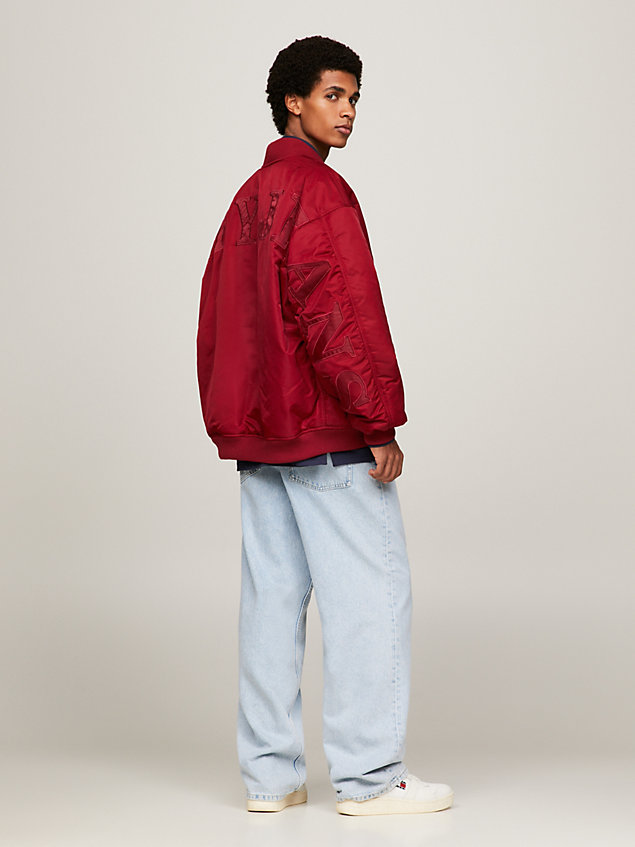 red padded tonal appliqué oversized bomber jacket for men tommy jeans
