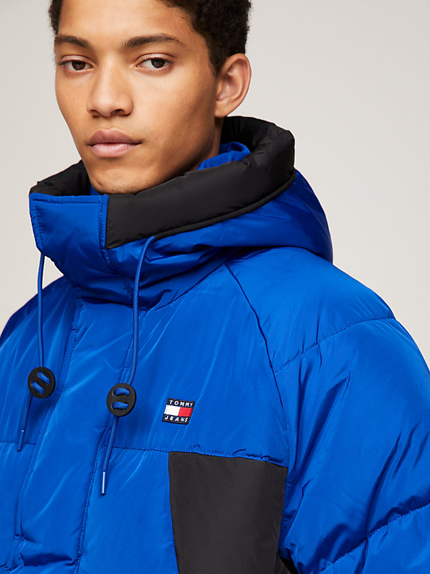 blue colour-blocked oversized puffer parka for men tommy jeans