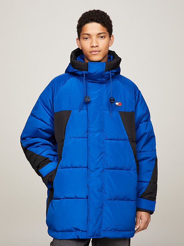 blue colour-blocked oversized puffer parka for men tommy jeans