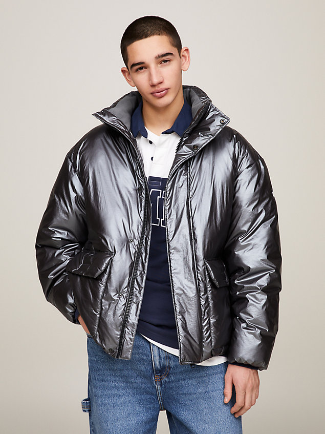 grey recycled relaxed metallic puffer jacket for men tommy jeans