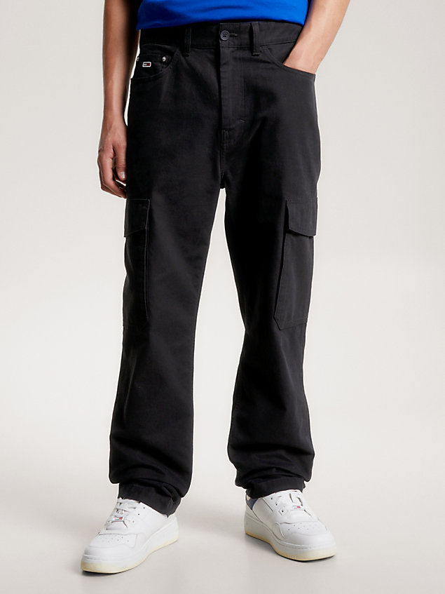 black canvas straight fit cargo trousers for men tommy jeans