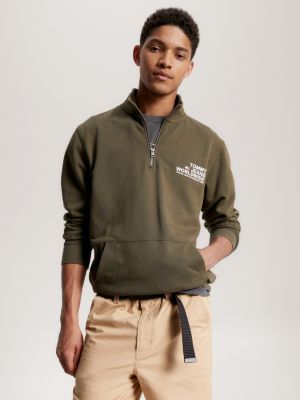 TOMMY HILFIGER men's Embroidered Tommy Logo Fleece Quarter Zip Pullover  Sweatshirt, Khaki, S at  Men's Clothing store