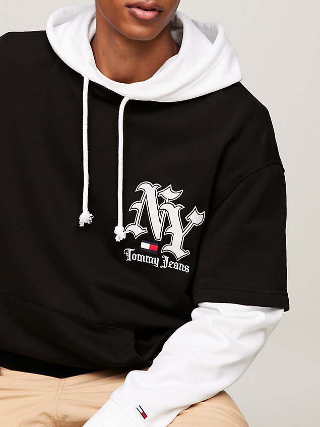 black double layer sleeves ny logo hoody for men tommy jeans