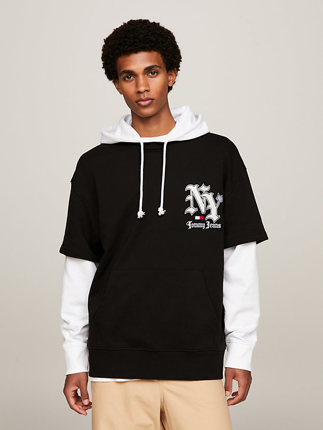 black double layer sleeves ny logo hoody for men tommy jeans