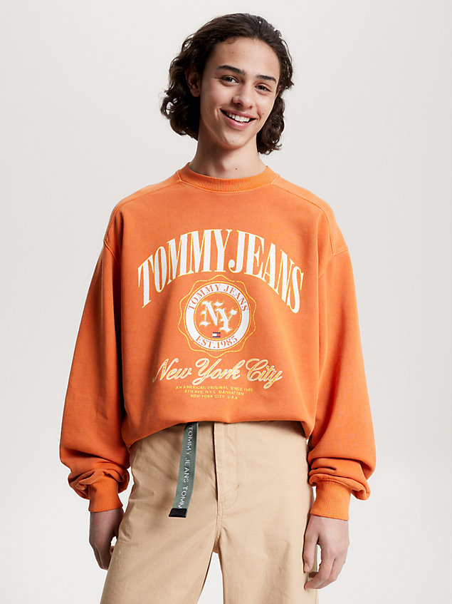 orange varsity logo boxy fit sweatshirt for men tommy jeans