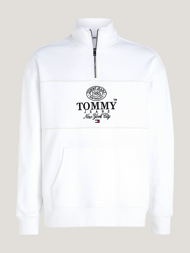 white relaxed fit sweatshirt met logo en halve rits voor heren - tommy jeans