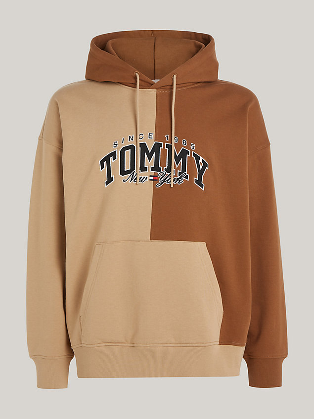 beige varsity two-tone relaxed fit hoody for men tommy jeans