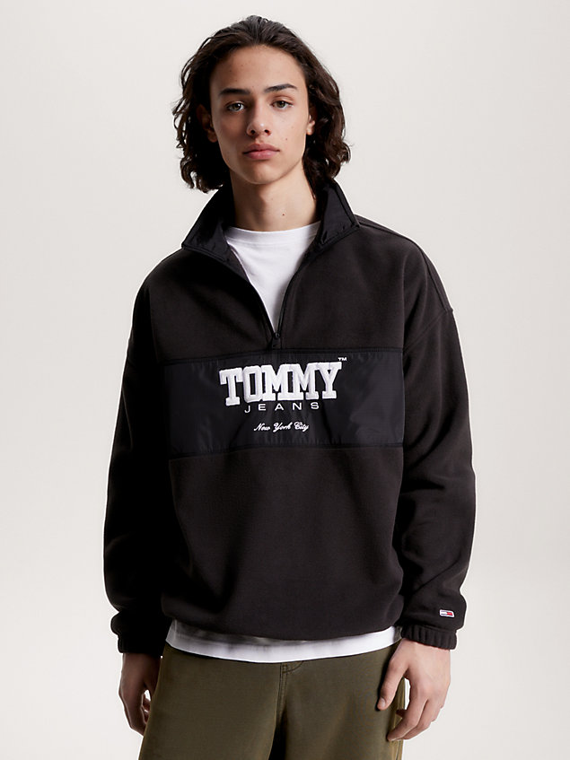 black oversized polar fleece half-zip sweatshirt for men tommy jeans
