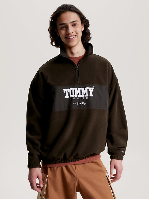 brown oversized polar fleece half-zip sweatshirt for men tommy jeans