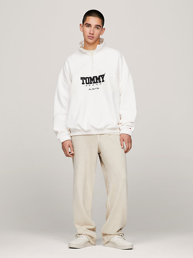 white oversized polar fleece half-zip sweatshirt for men tommy jeans