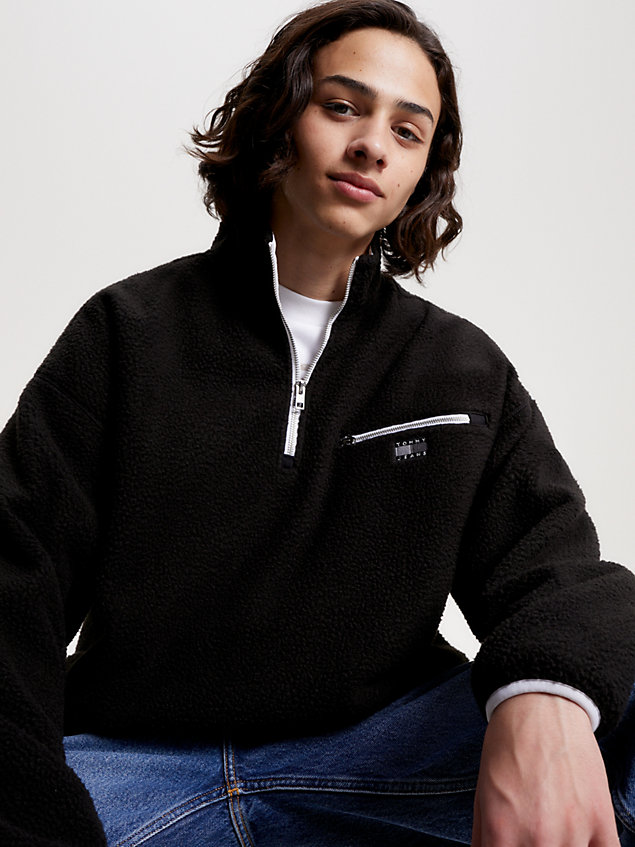 black essential tonal half-zip sherpa fleece sweatshirt for men tommy jeans